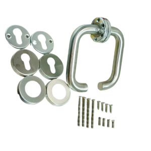 Manilla Puerta Acero Inoxidable Tipo U + Tapa de Cilindro + Kit