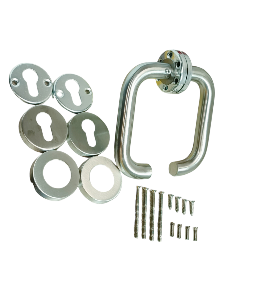 Manilla Puerta Acero Inoxidable Tipo U + Tapa de Cilindro + Kit