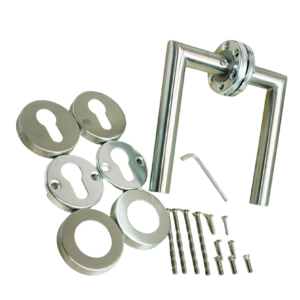 Manilla Puerta Acero Inoxidable Tipo R + Tapa de Cilindro + Kit