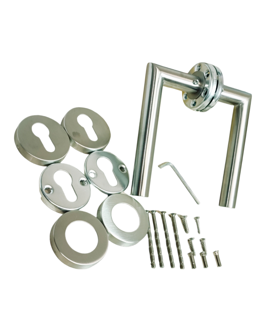 Manilla Puerta Acero Inoxidable Tipo R + Tapa de Cilindro + Kit
