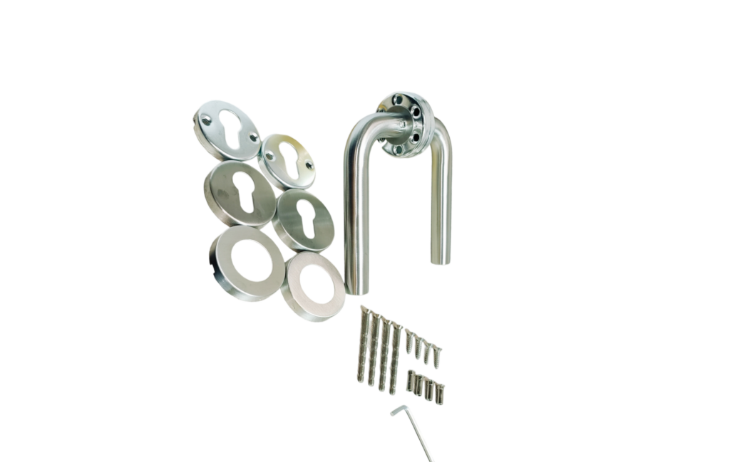 Manilla Puerta Acero Inoxidable Tipo L + Tapa de Cilindro + Kit