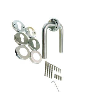 Manilla Puerta Acero Inoxidable Tipo L + Tapa de Cilindro + Kit