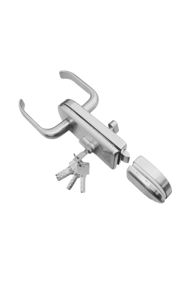 Cerradura Vidrio Vidrio Doble Manilla SS201,Satin,5 llaves Multipunto