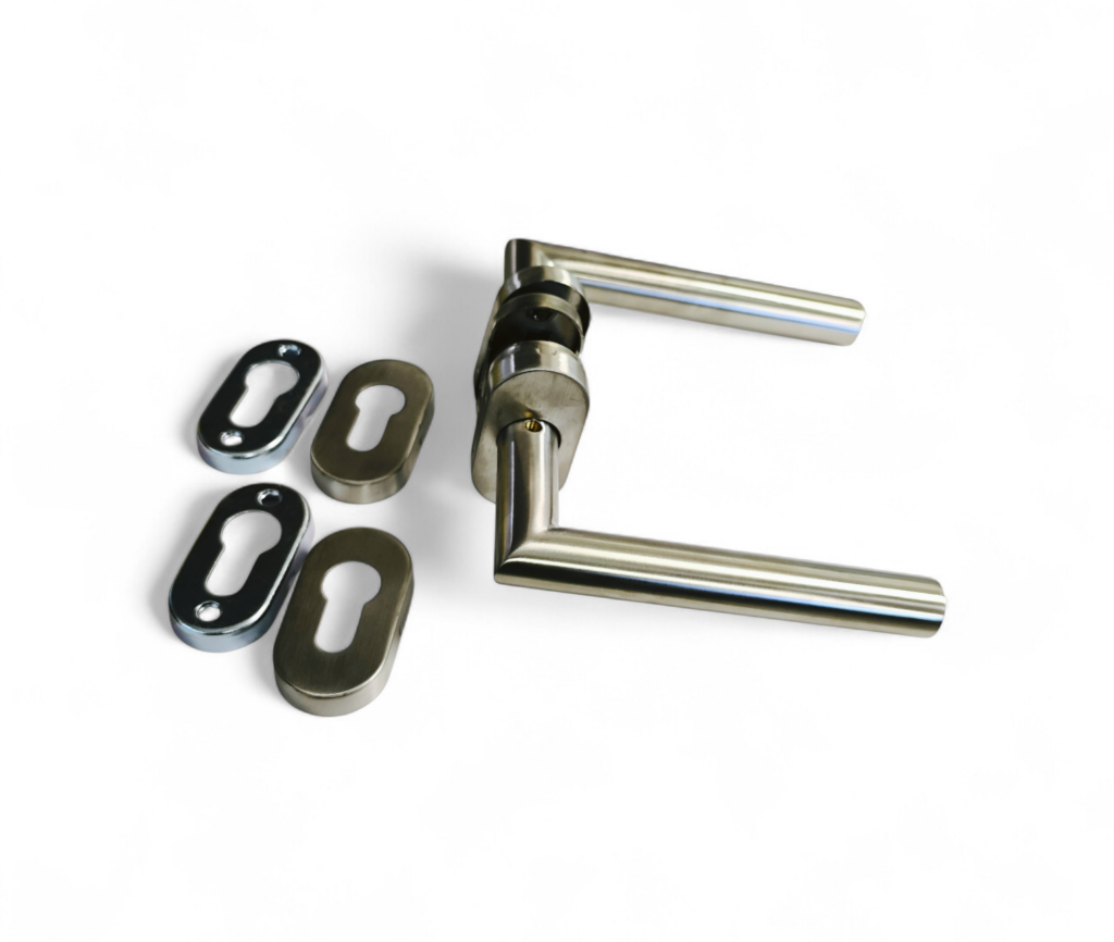 Manilla Puerta Acero Inoxidable Tipo R Angosta + Tapa de Cilindro + Kit