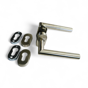 Manilla Puerta Acero Inoxidable Tipo R Angosta + Tapa de Cilindro + Kit